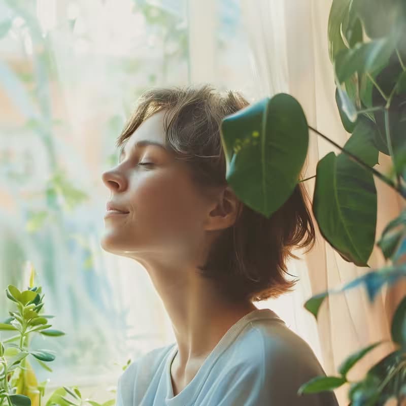 Mujer relajándose en un entorno natural, símbolo de equilibrio emocional y bienestar mental.