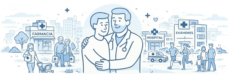 Ilustración de un doctor abrazando a un paciente