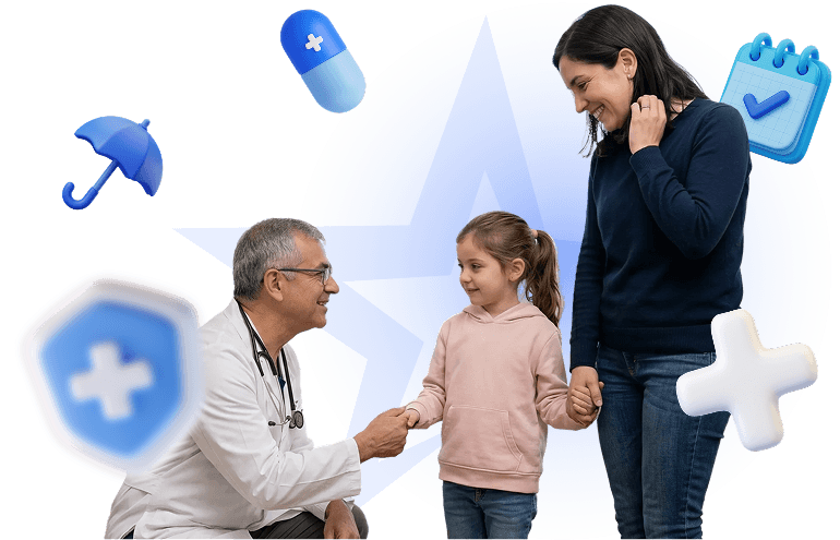 Familia y médico sonriendo
